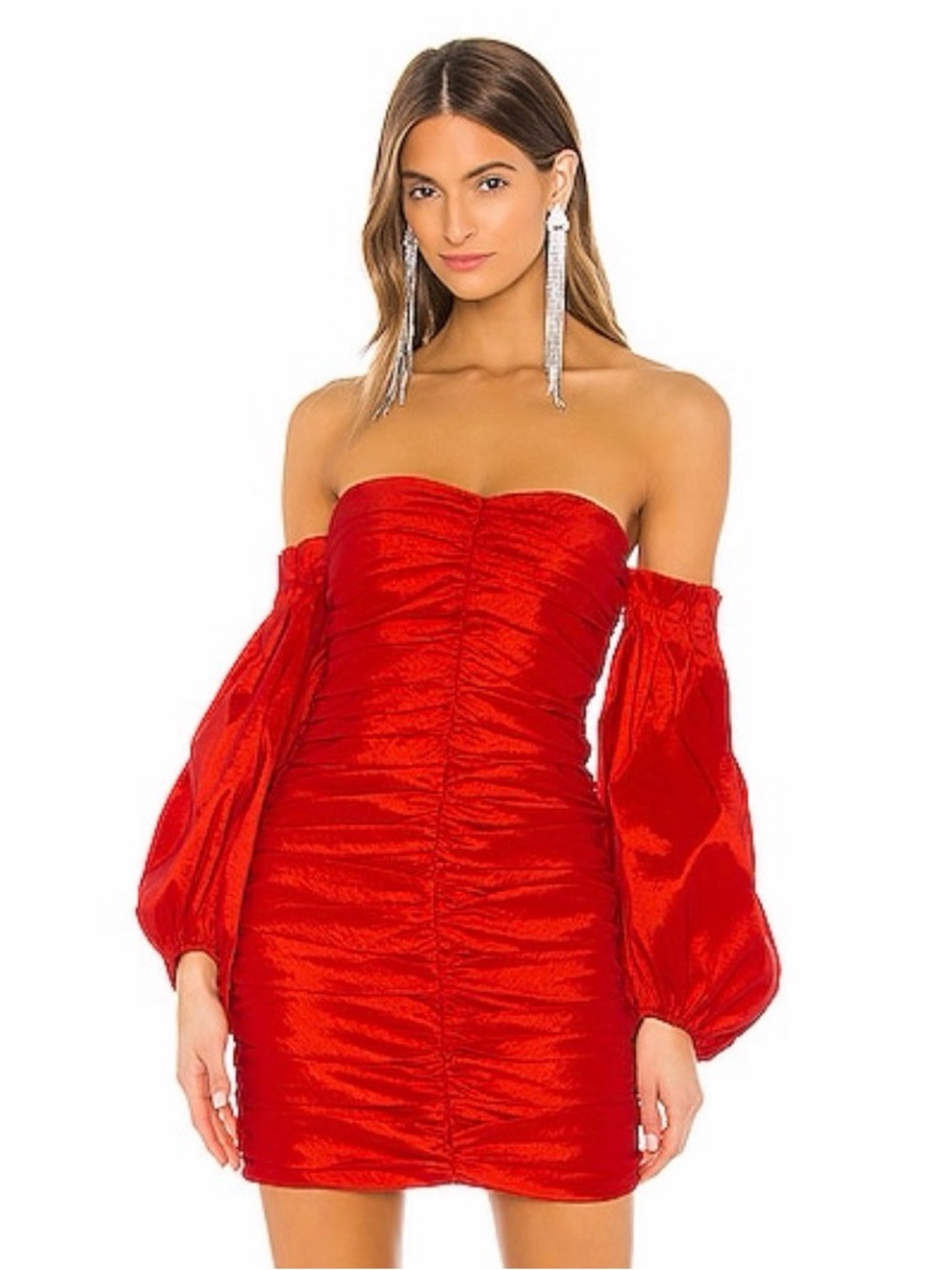 Hello Molly Red Off-Shoulder Ruched Mini Dress with Puff Sleeves Size 4